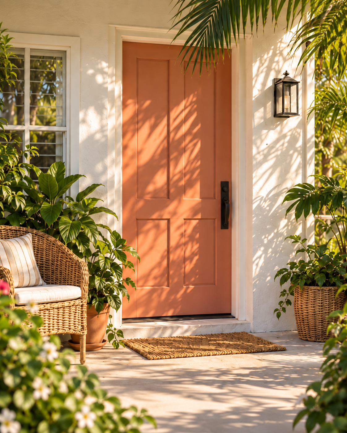 A welcoming sunlit front porch with a peach-colored door and green palms.